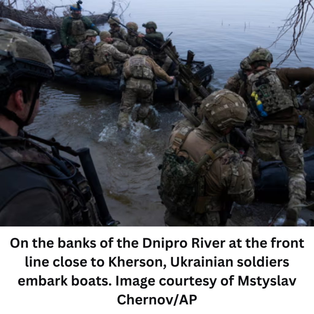 On the banks of the Dnipro River at the front line close to Kherson, Ukrainian soldiers embark boats. Image courtesy of Mstyslav ChernovAP